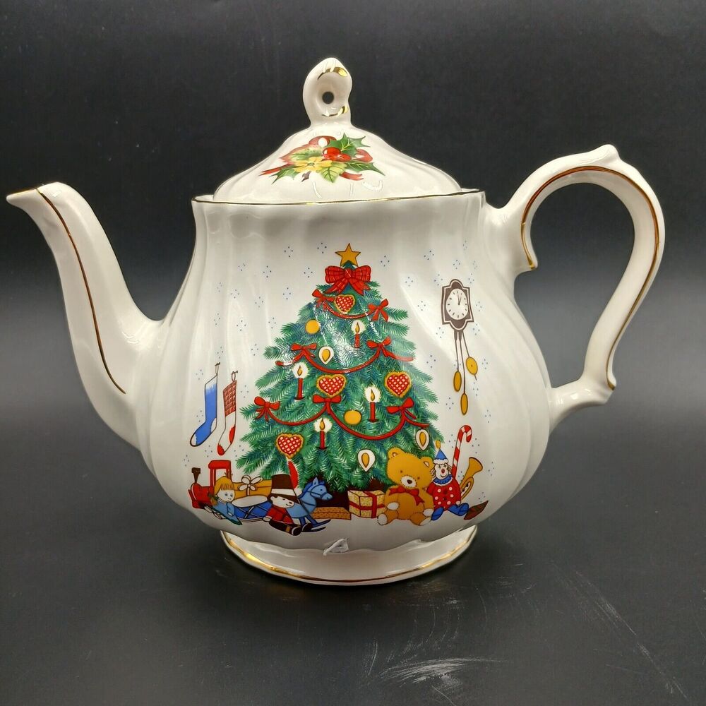 Vtg Sadler Windsor Teapot Christmas Tree Gold Trim Made In England